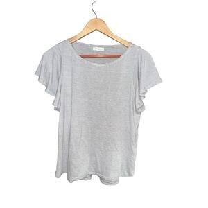 Max Studio Striped Ruffle Sleeve Scoop Neck Stretch Tee Top Gray White Women’s L